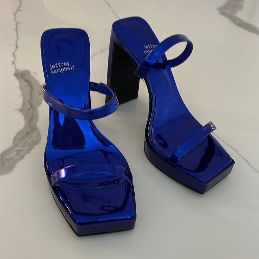 Jeffrey Campbell platform metallic blue sandals